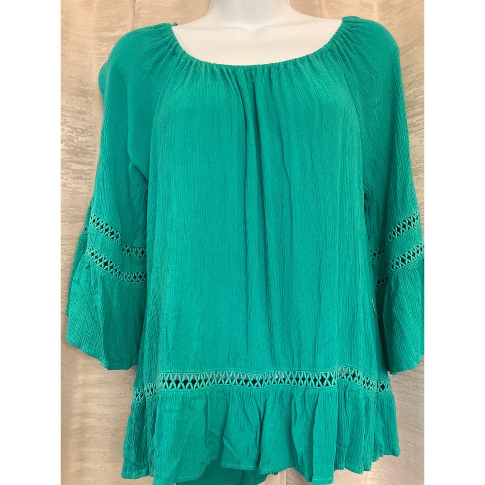 NEW DIRECTIONS Teal Green Gauze Crinkle Knit‎ Bell Sleeve Tunic Top S